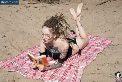 Real Red Fox - woman laying on a blanket reading a book on the beach