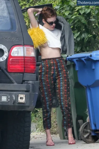 Tallulah Willis - woman in a crop top and pants standing next to a truck