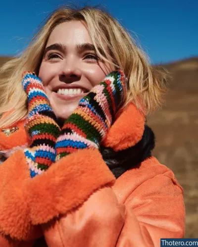 Haley Lu Richardson - smiling woman in orange jacket and mittens holding up a cell phone