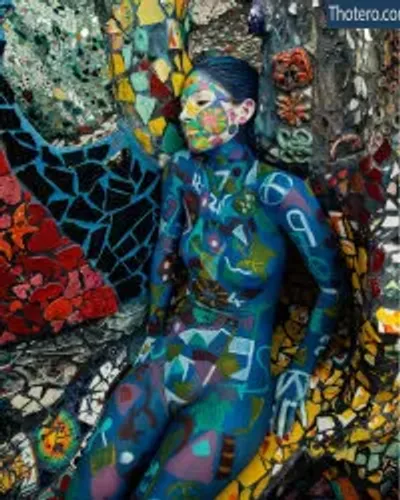 Giulia Seabra - woman with body painted sitting on a bench in front of a mosaic wall