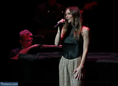 Katharine McPhee - woman in a black top and gold pants singing into a microphone