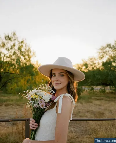 Lauren Mae - woman in a white dress and hat holding a bouquet of flowers