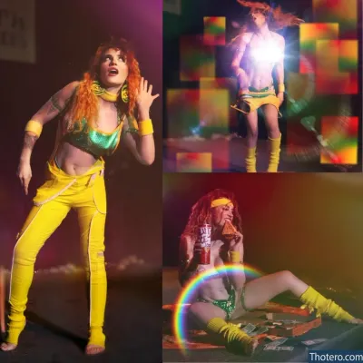 harleyquinn505 - woman in yellow outfit posing with a guitar and a rainbow
